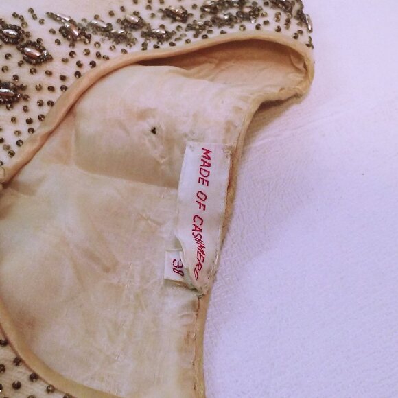 Vintage 50s Embellished Cashmere Cardigan Sweater Lady(38) Beaded-Border Lined - Picture 8 of 13